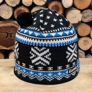 Eisbar Merino Wool Ski Bobble Hat Blue White Black Nordic Handmade Apres Beanie
